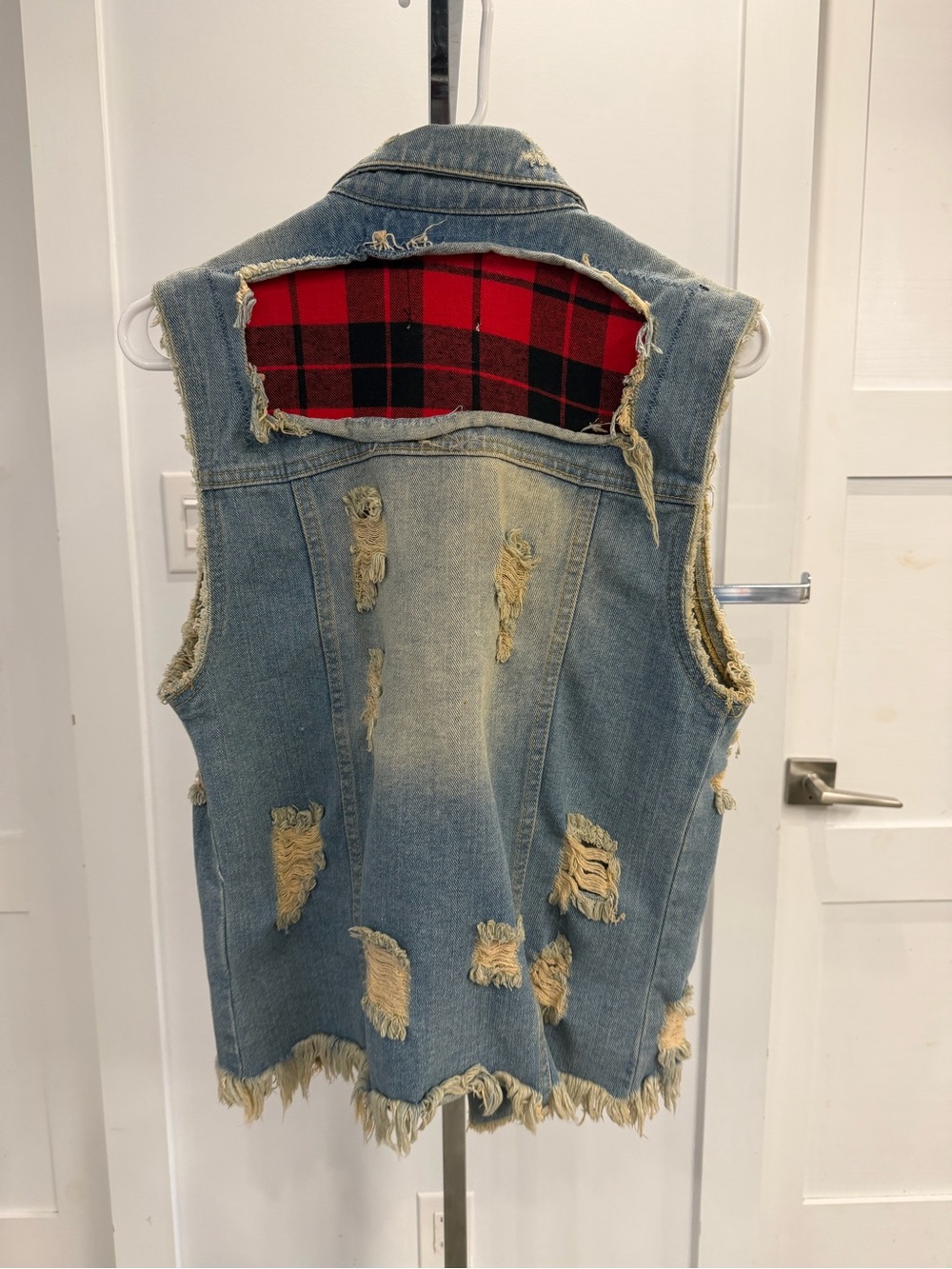 UNIF Light Blue Distressed Denim Vest with Red Plaid Panels - Picture 2 of 4